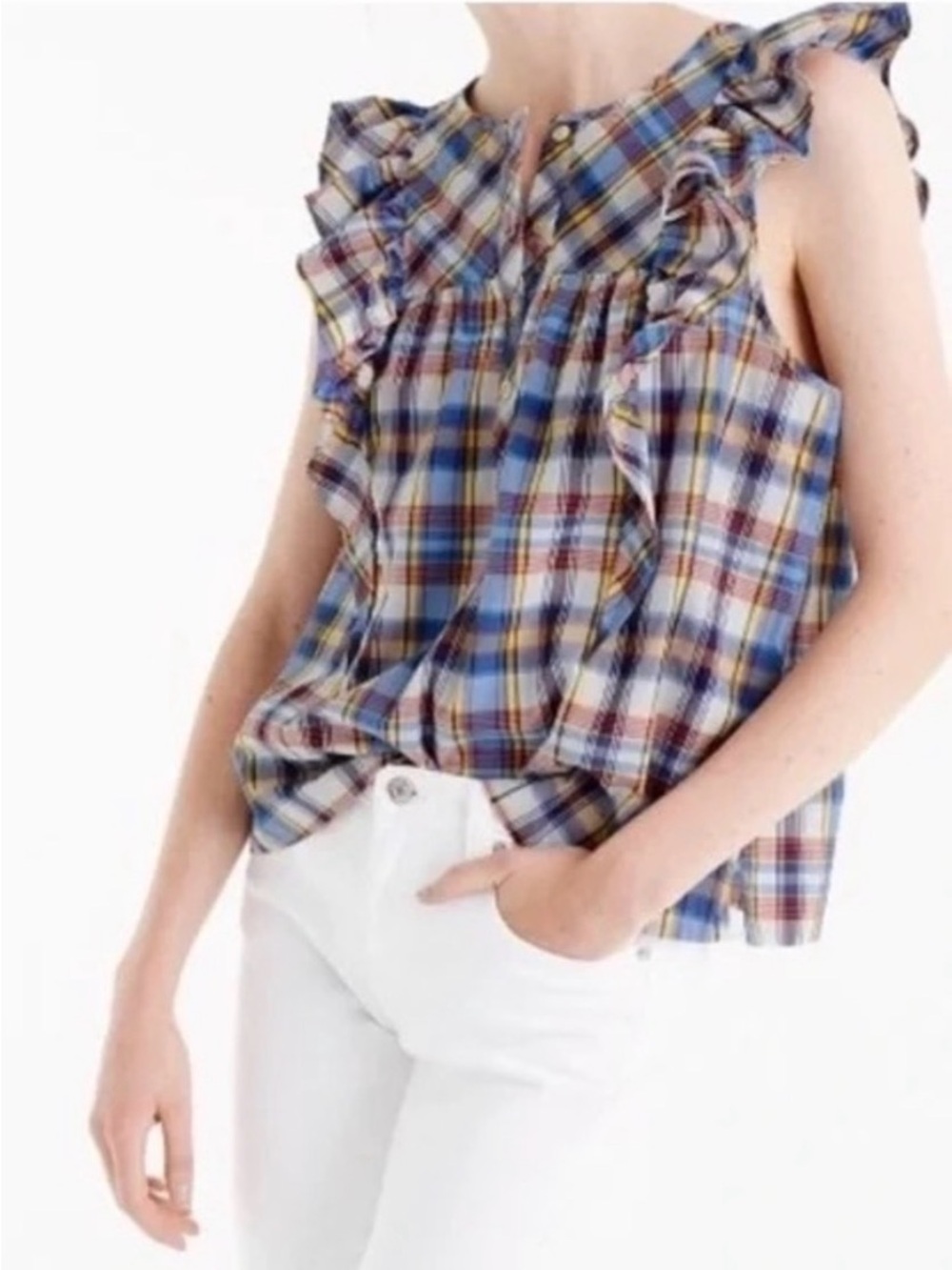 J. Crew Blue Plaid Ruffle Sleeve Blouse